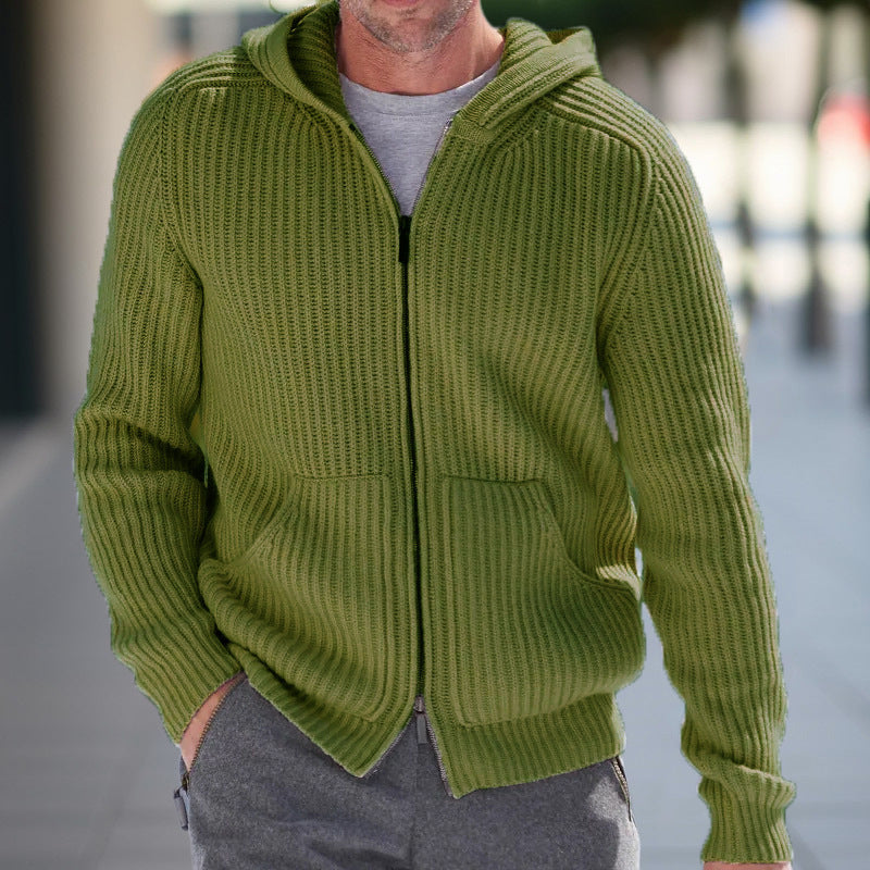 Men's grey hooded knit cardigan relaxed fit full-zip ribbed texture casual layering comfort