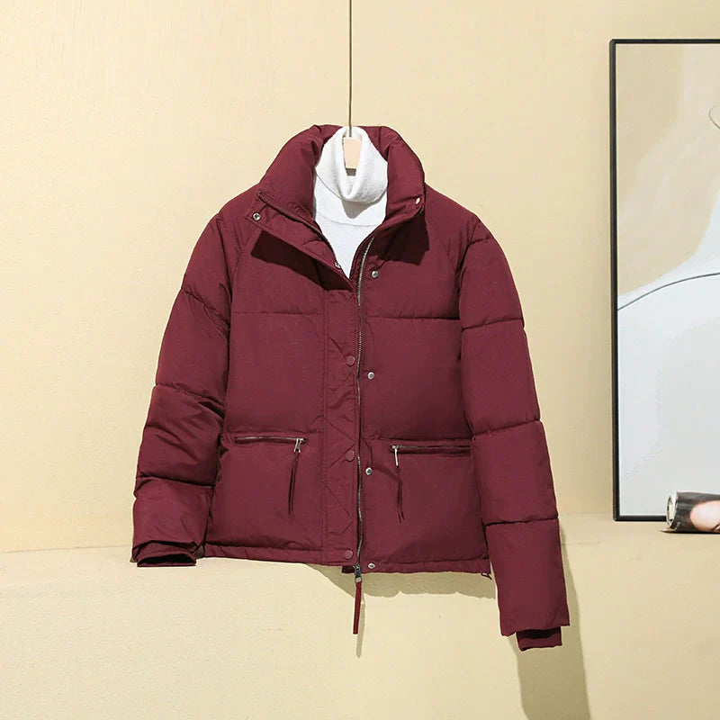 Women's cropped boxy puffer coat stand collar insulated lightweight outerwear in versatile solid color