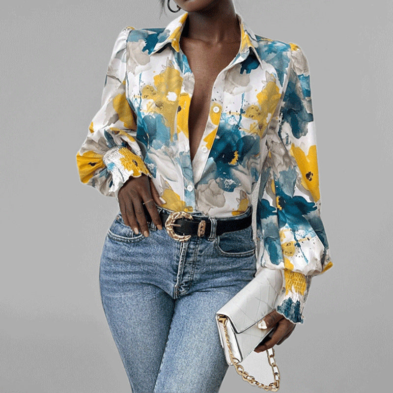 Women's floral print oversized boho shirt with puff sleeves and smocked cuffs lightweight cotton blend