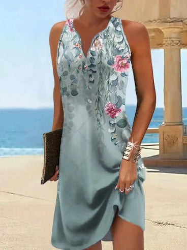 Women's sleeveless floral V-neck dress, cotton blend, asymmetrical hem, feminine summer style
