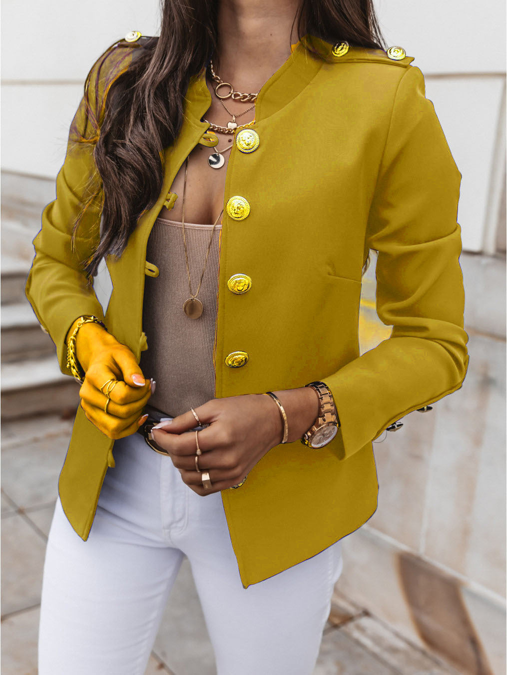 Women's slim fit black blazer with mandarin collar and metallic button detail for work and evening