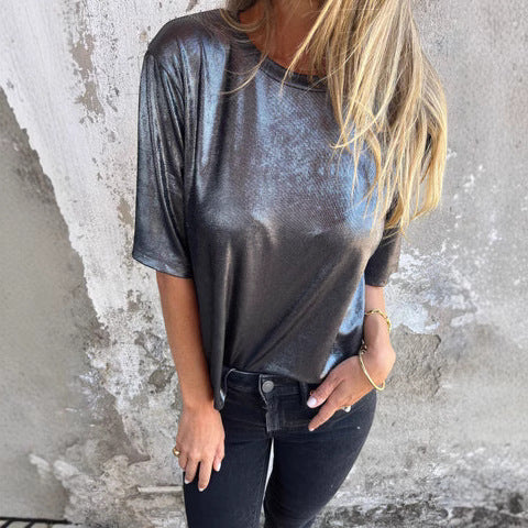 Women's relaxed fit shimmer blouse short sleeve lightweight top with subtle sheen