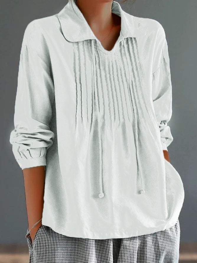Women's relaxed-fit cotton linen long sleeve shirt with pleated front detail for everyday fashion