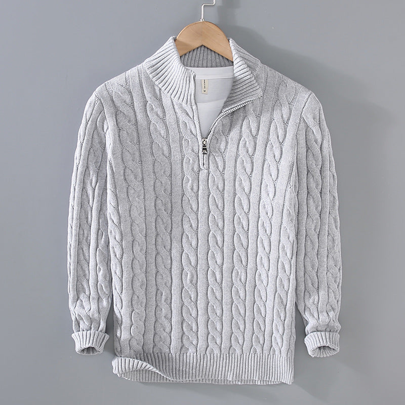 Men's cream cable knit half-zip pullover with textured pattern, designed for layered casual wear
