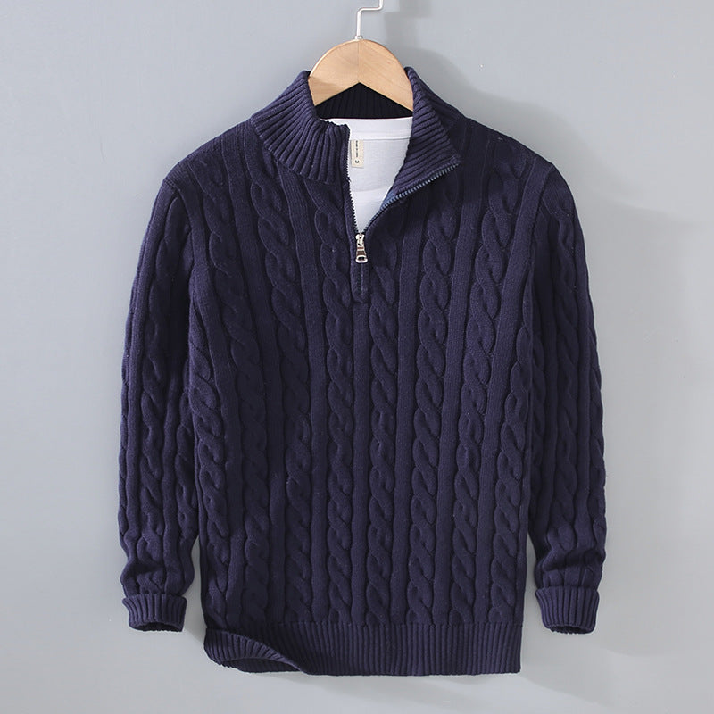 Men's cream cable knit half-zip pullover with classic textured pattern for layered casual wear