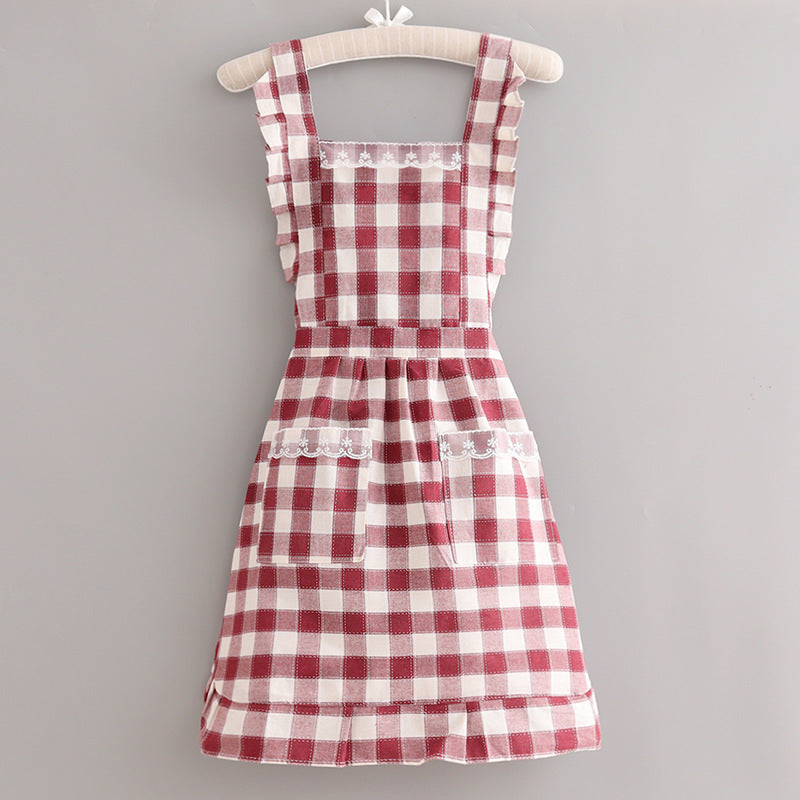 Cream farmhouse cotton apron with ruffled straps, rustic country style for home cooks