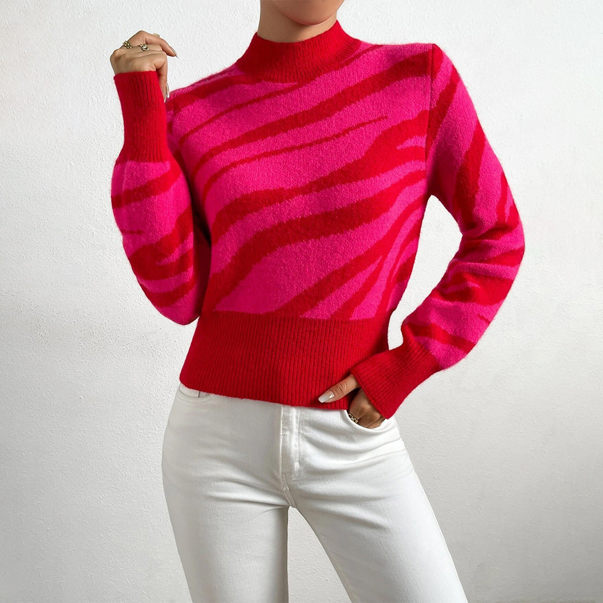 Women's wool blend zebra pattern knit sweater semi-high neck regular fit bold monochrome print