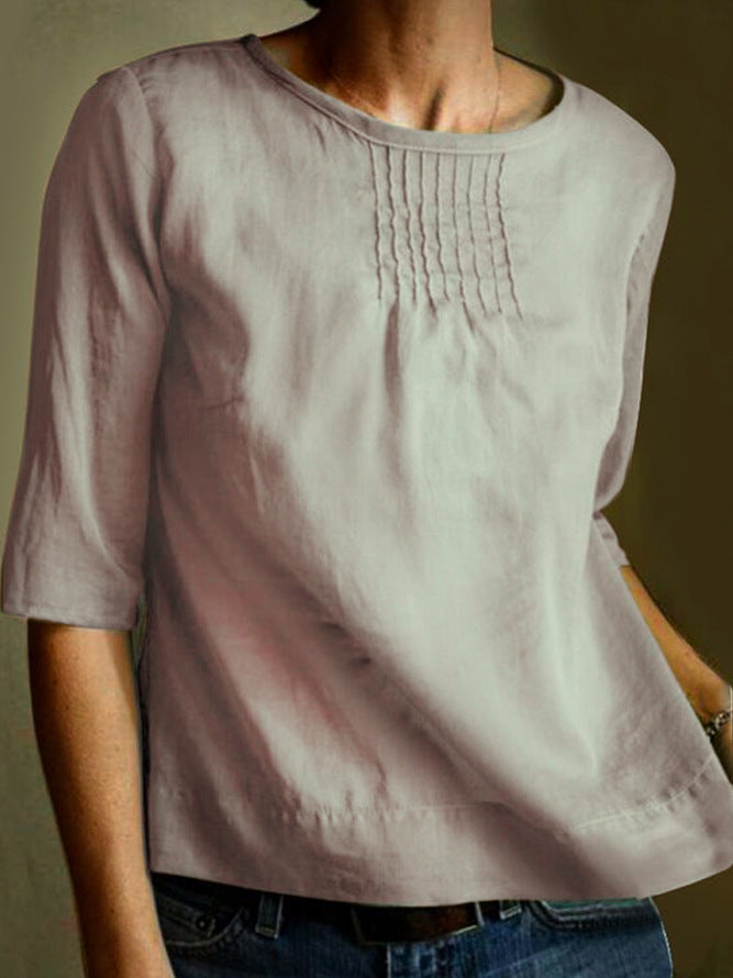 Women's loose fit cotton linen blouse three quarter sleeve pleated front summer top