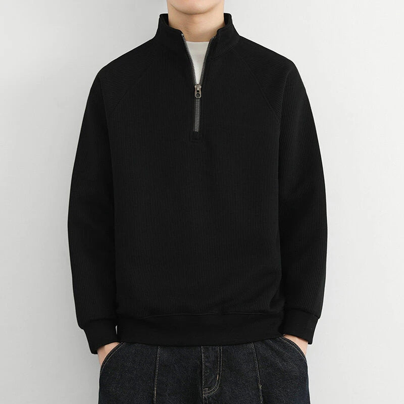 Men's ribbed half-zip sweatshirt high collar casual cotton blend knit pullover