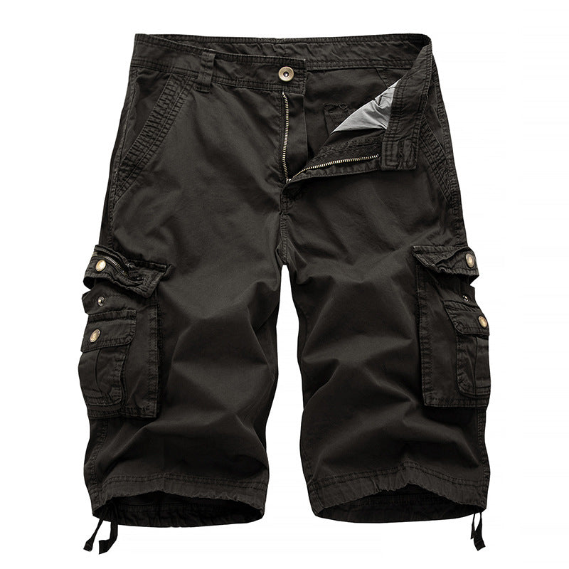 Men's khaki cargo shorts relaxed fit knee-length with multi-pocket design for outdoor adventure