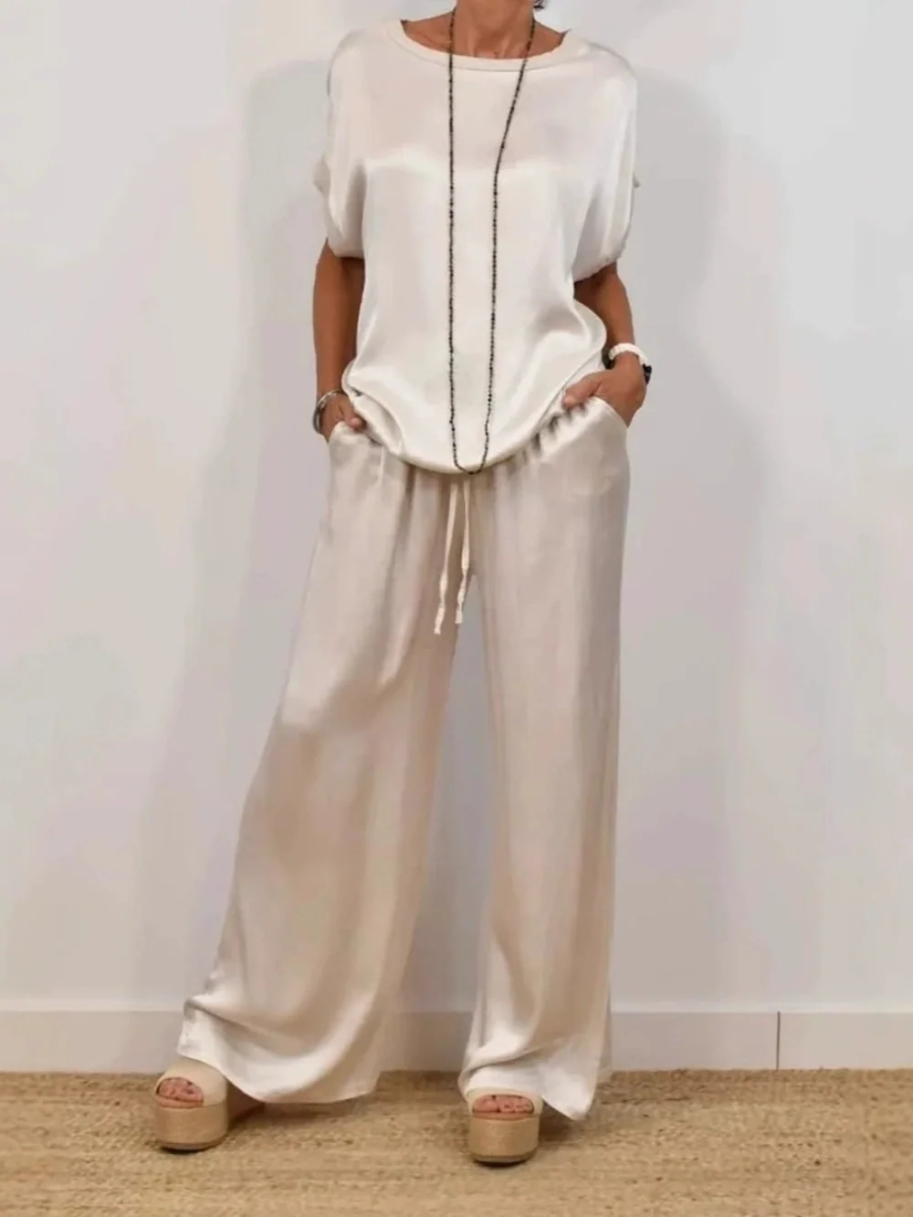 Women's casual loose shirt wide-leg pants set polyester spandex blend patchwork stitching solid color