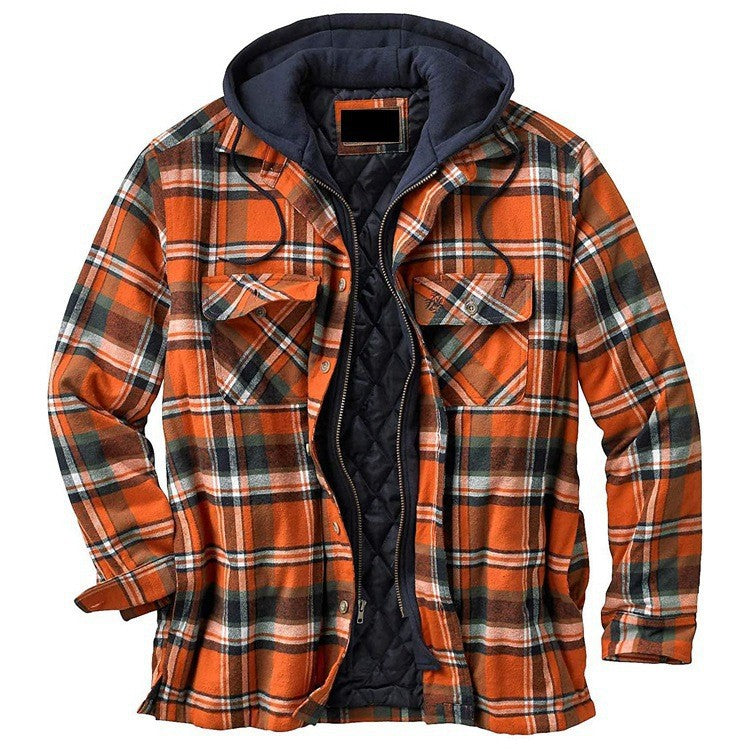 Men's hooded plaid jacket quilted lining winter coat classic checkered casual warmth