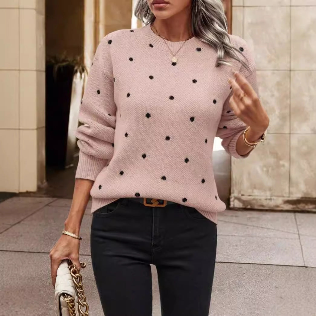 Women's relaxed-fit polka dot wool-blend knit sweater round neck long sleeves warm casual style