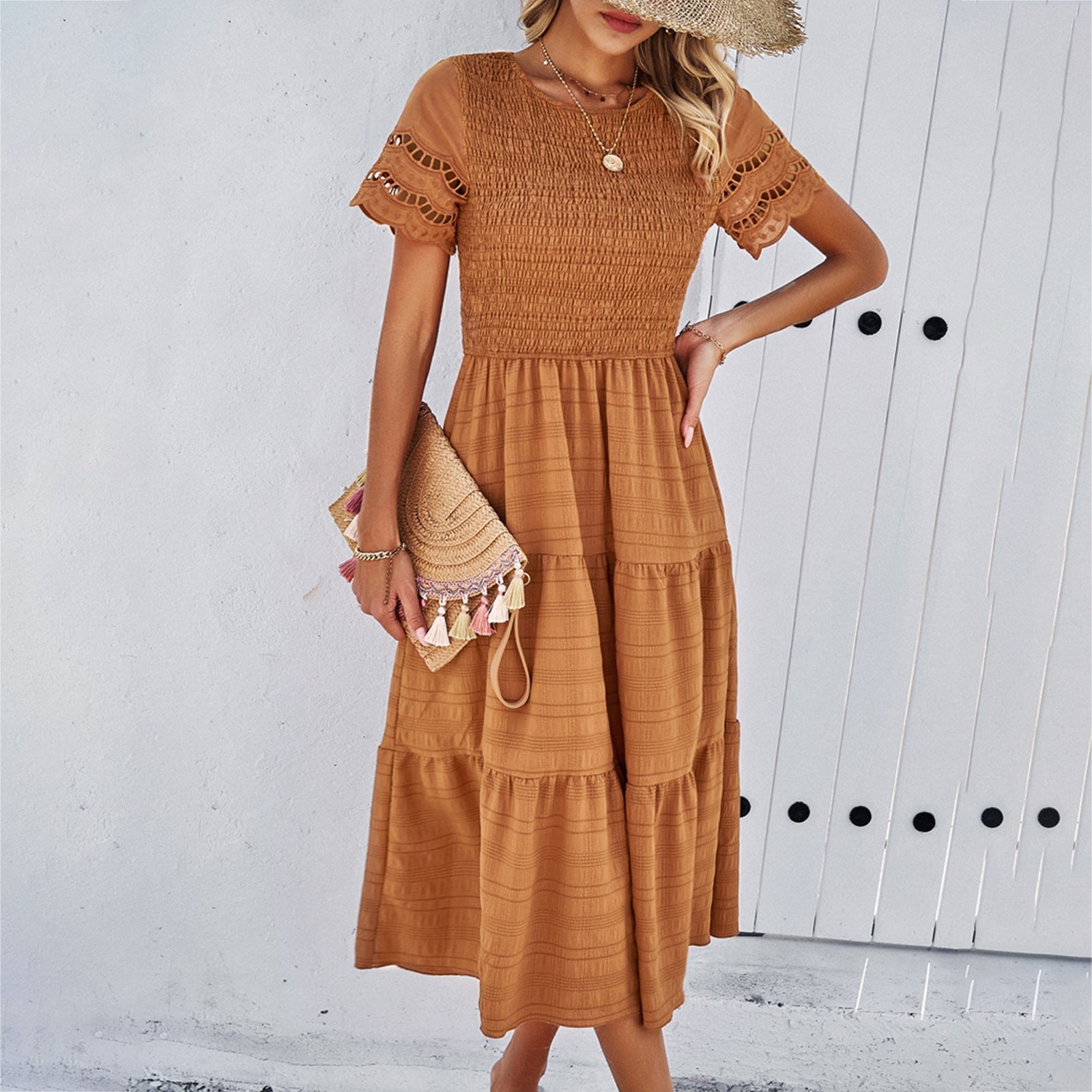 Women's cotton midi dress smocked bodice tiered skirt cutout short sleeves loose fit warm-weather chic