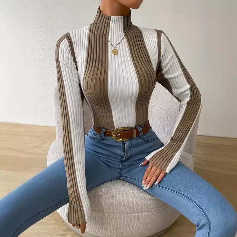 Women's slim fit mock neck ribbed cotton knit sweater with long sleeves in versatile neutral tone