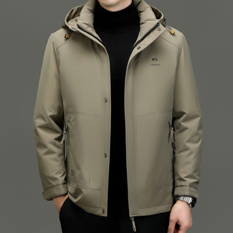 Men's quilted down jacket regular fit detachable hood windproof closure ultimate warmth urban style