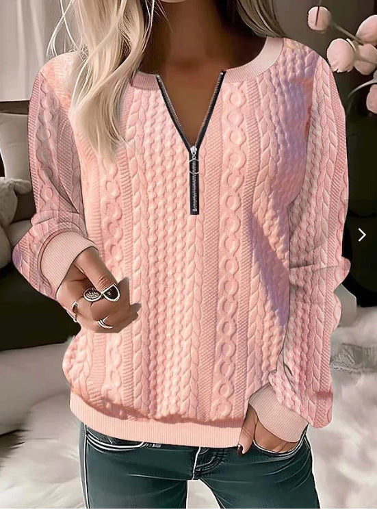 Women's relaxed fit cable knit sweater with zip collar, cozy warm everyday style