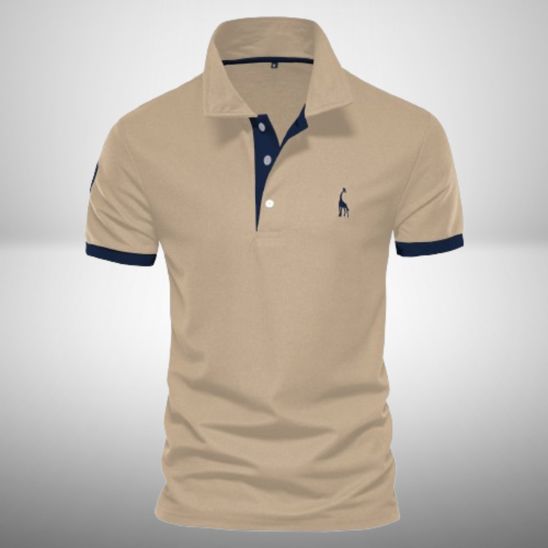 Men's navy blue ComfortFit short-sleeve polo shirt with ribbed collar and two-button placket