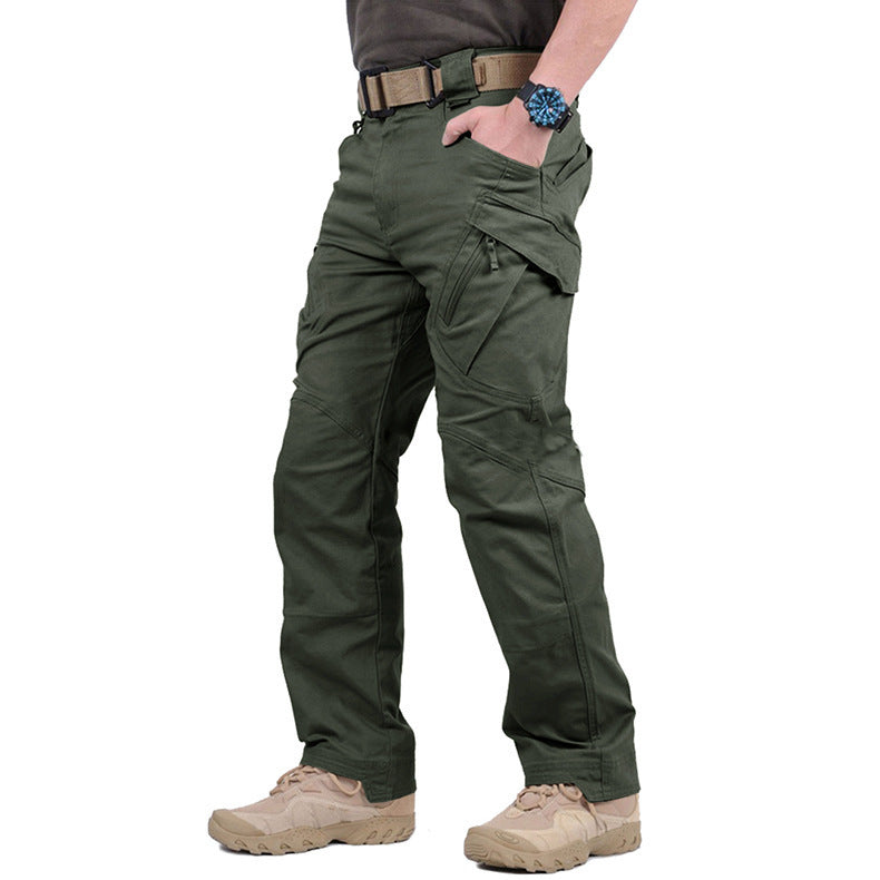 Men's olive military workwear winter pants with reinforced construction and multi-pocket utility design