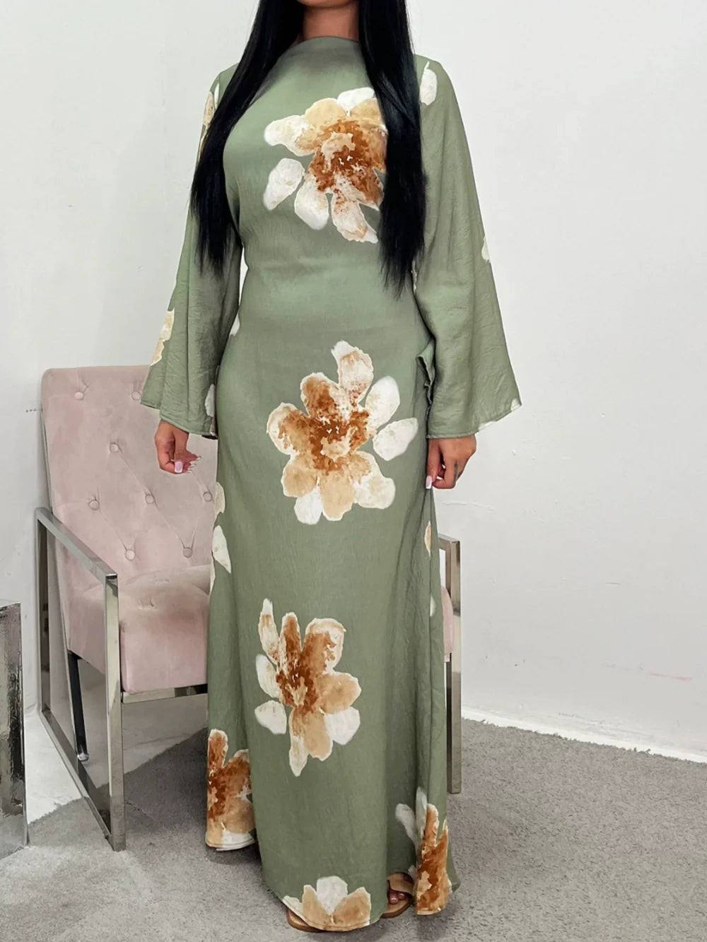 Printed maxi dress women floral waist-cinching lace detail polyester gown everyday glam