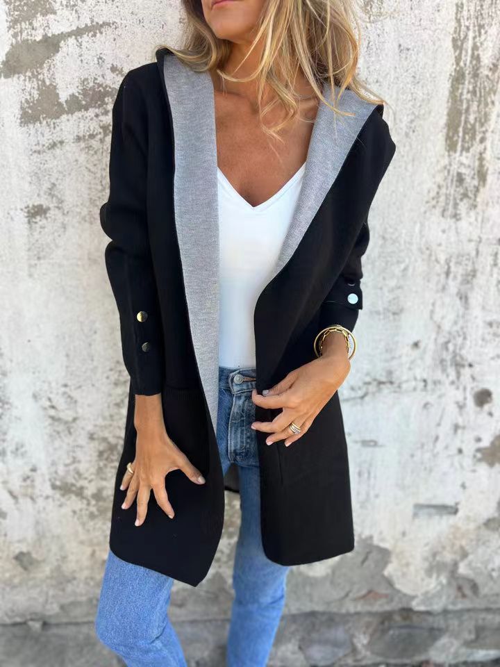 Women's soft knit hooded longline cardigan relaxed fit cozy everyday layering essential