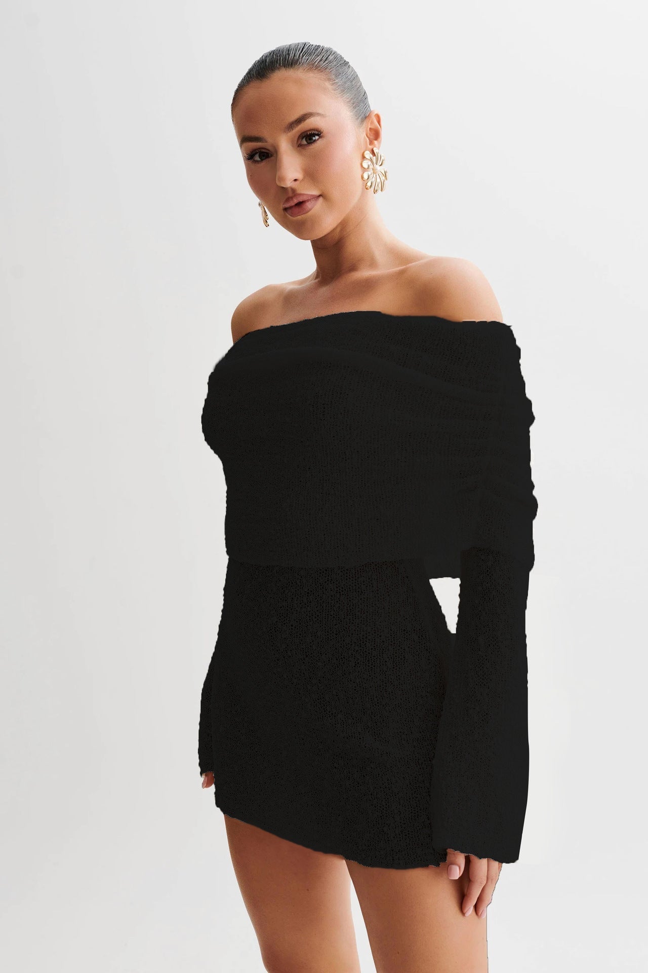 Women's off-shoulder slim fit semi-transparent knit beach dress with long sleeves, chic coastal style