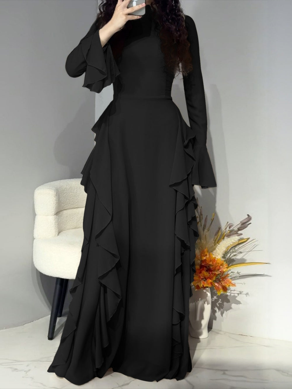 Women's elegant solid color high waist trumpet sleeve dress with ruffles and half collar