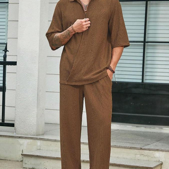 Men's lightweight cotton 2-piece set relaxed fit short-sleeve shirt and matching pants breathable comfort