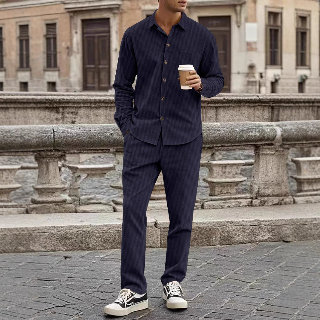 Men's brown corduroy matching shirt and pants set relaxed fit with Nordic-inspired casual style