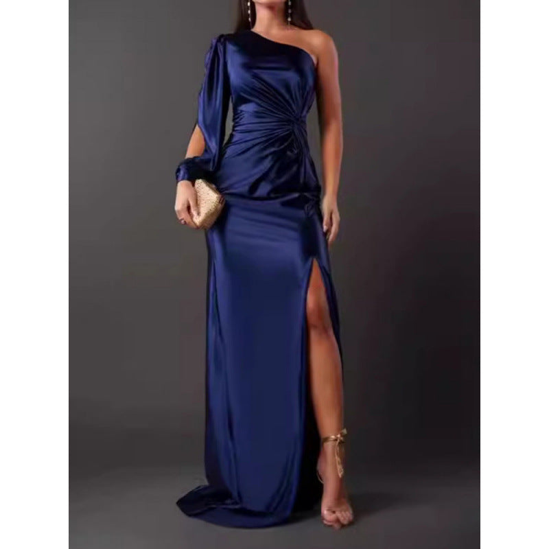 Satin maxi dress single shoulder slim fit high slit elegant women's formal evening gown