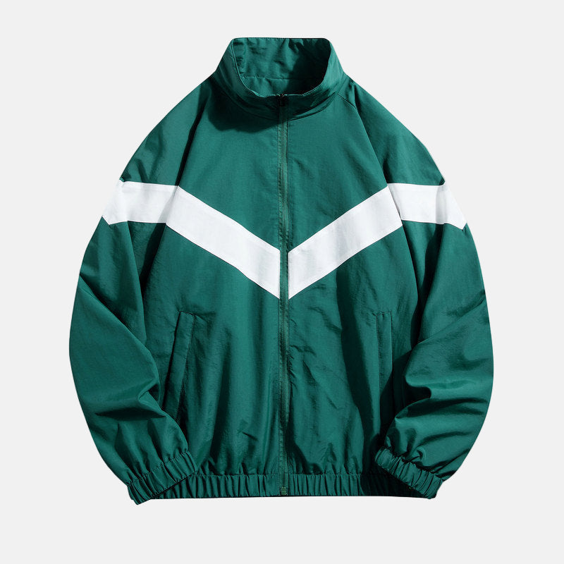 Lightweight wind-resistant color-block V-stripe track jacket with elastic cuffs for active athletes