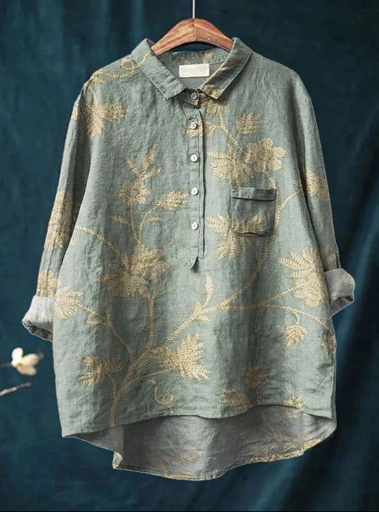 Women's floral button-up shirt loose fit blouse with vibrant color-rich print for everyday chic style