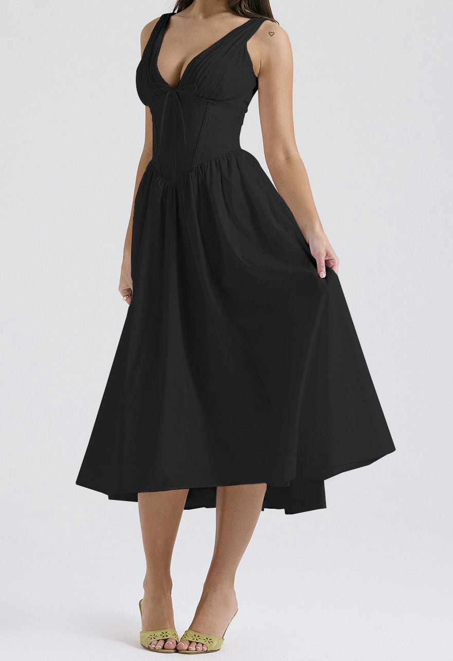 Floral midi dress women A-line sleeveless V-neck chic versatile fit with delicate print