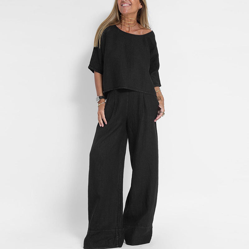 Women's loose fit matching two-piece outfit, relaxed silhouette coordinated casual set for effortless style