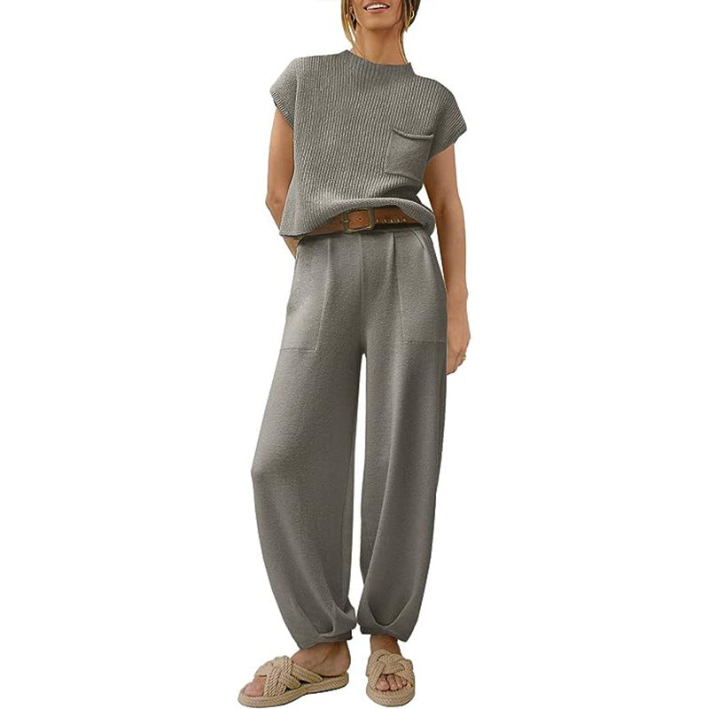 Women's soft cotton knit two-piece set cropped top with chest pocket and high waist wide leg pants