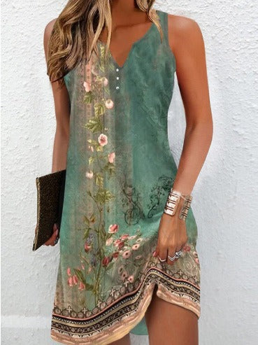 Women's sleeveless floral cotton blend dress, V-neck with asymmetrical hem, lightweight summer style