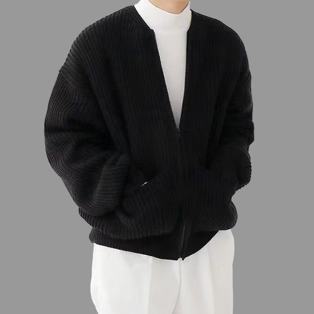 Men's oversized cotton blend cardigan jacket band collar full zip layering piece casual style