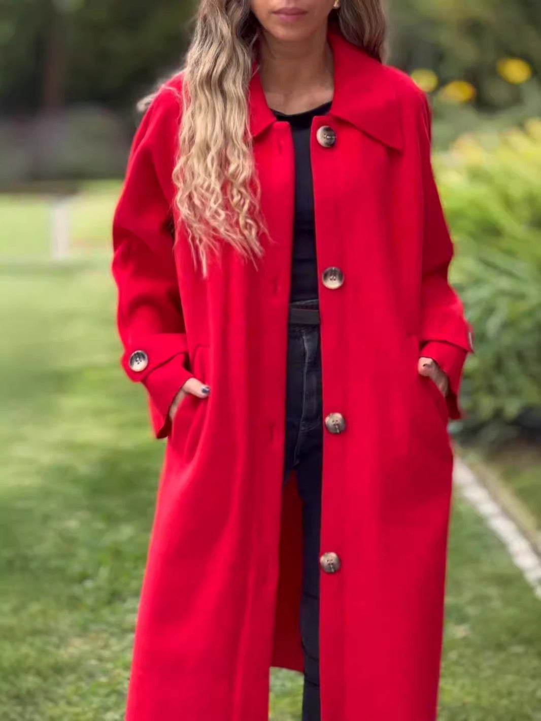 Women's wool blend long coat relaxed fit full-length button front classic collar warm elegant