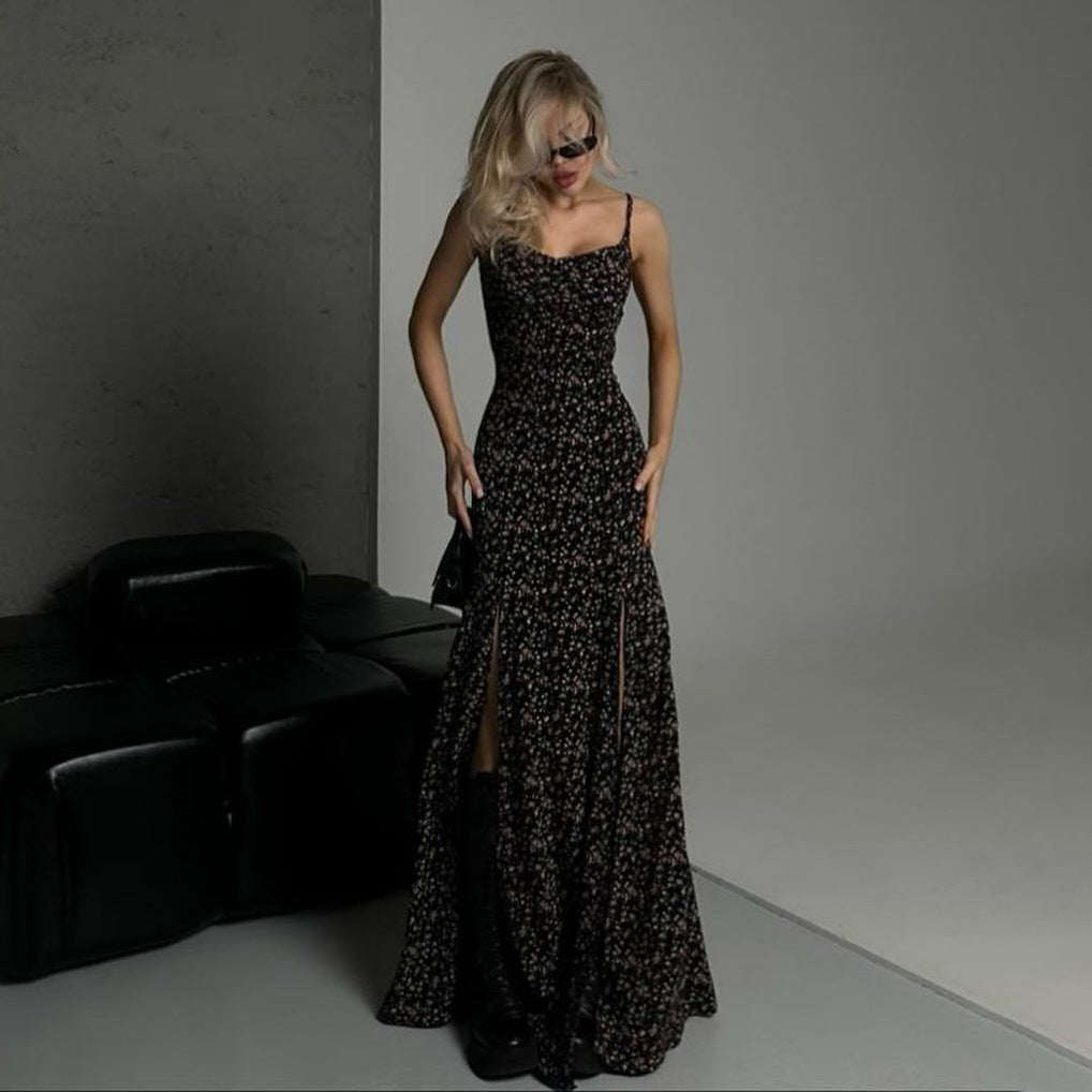 Women's floral maxi dress slim fit spaghetti straps high slit elegant summer style