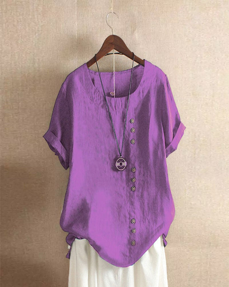 Women's solid short sleeve buttoned blouse round collar casual chic top bright colors clean silhouette