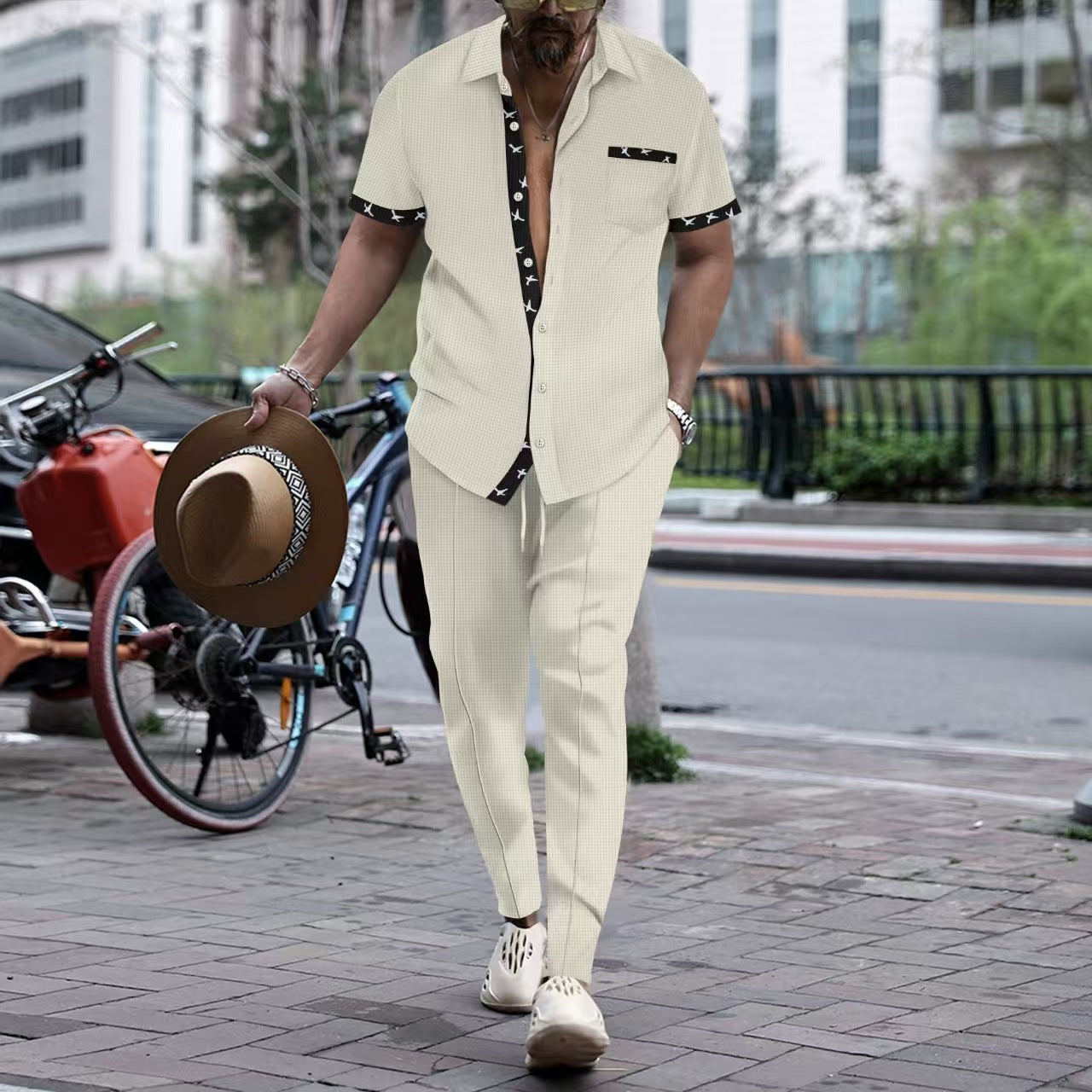 Men's relaxed fit short sleeve set with elegant trim, breathable summer style in neutral tones