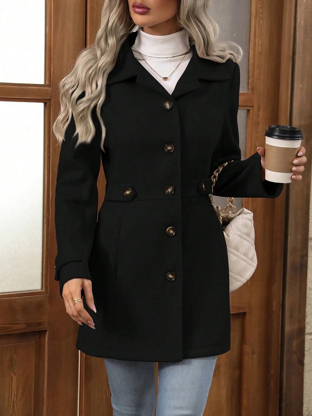 Women's slim fit wool coat mid-length belted waist button closure elegant warm outerwear
