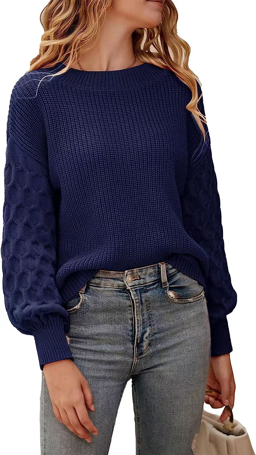 Women's chunky knit sweater relaxed fit cozy fall winter style with textured sleeve pattern