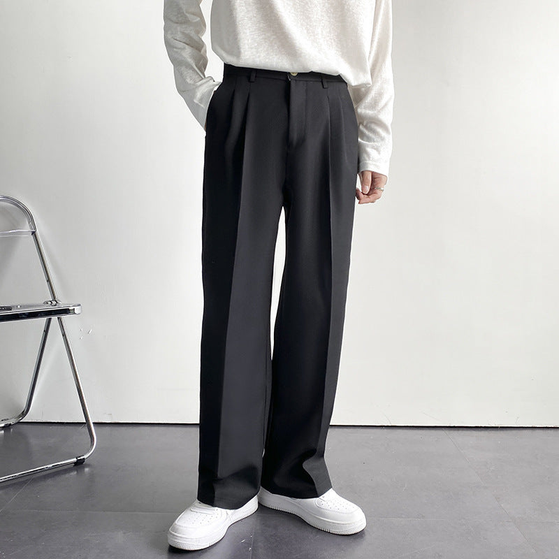 Men's white relaxed fit pleated front straight leg cotton trousers for office and weekend wear