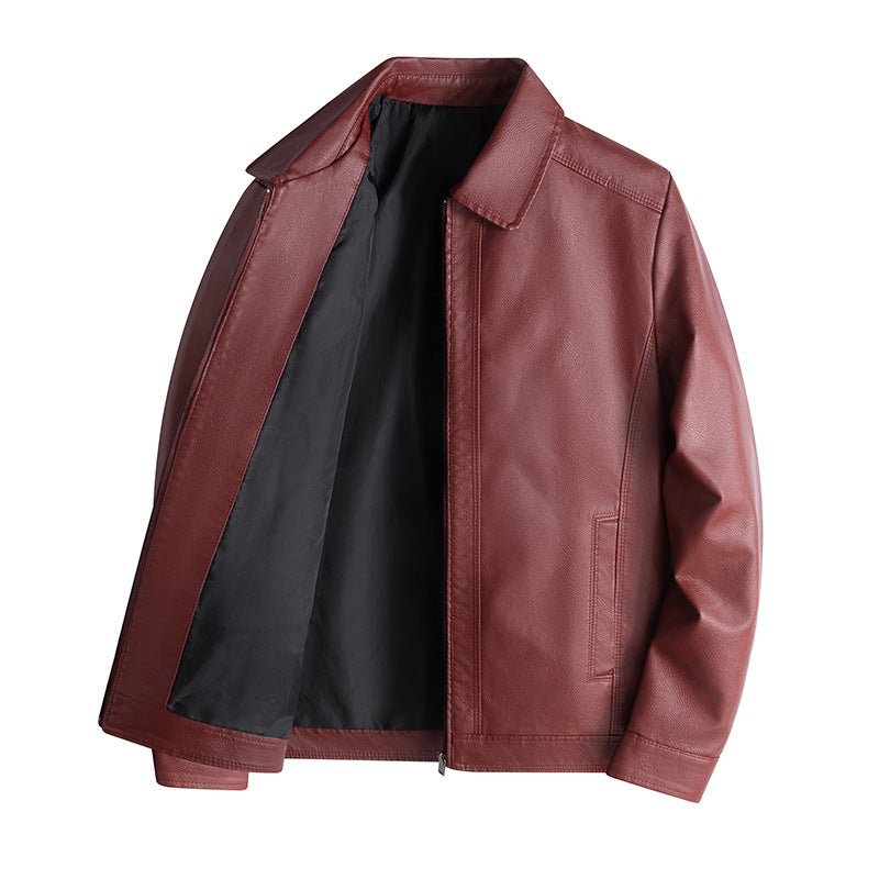 Men's black tailored-fit PU leather-look jacket with stand collar and zipper closure