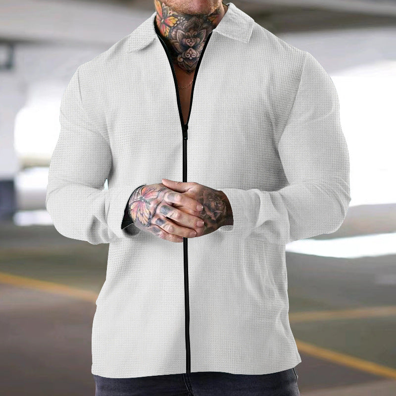 Men's long sleeve textured woven shirt regular fit zip-front closure casual style