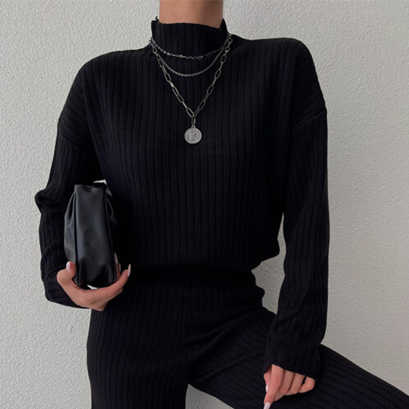 Ribbed knit women's lounge set relaxed fit long sleeve wide-leg pants semi-high neck Nordic style