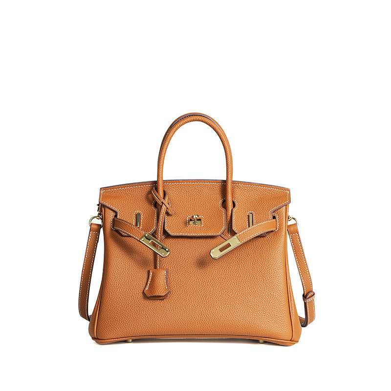 Jessica structured leather satchel handbag flap closure detachable strap smooth texture professional style