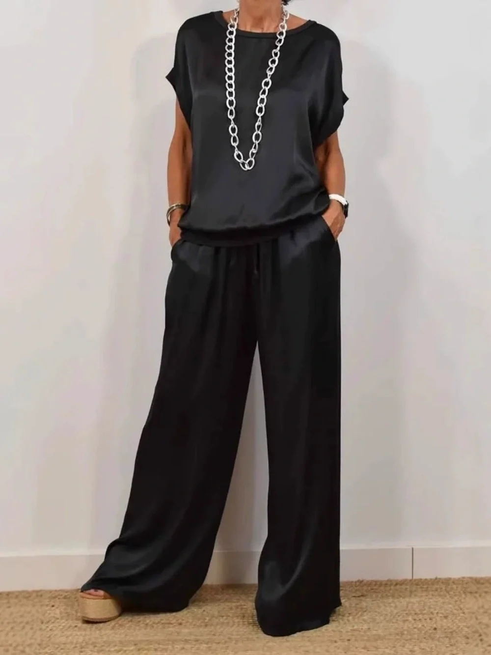 Women's casual loose shirt wide-leg pants set polyester spandex blend patchwork stitching solid color