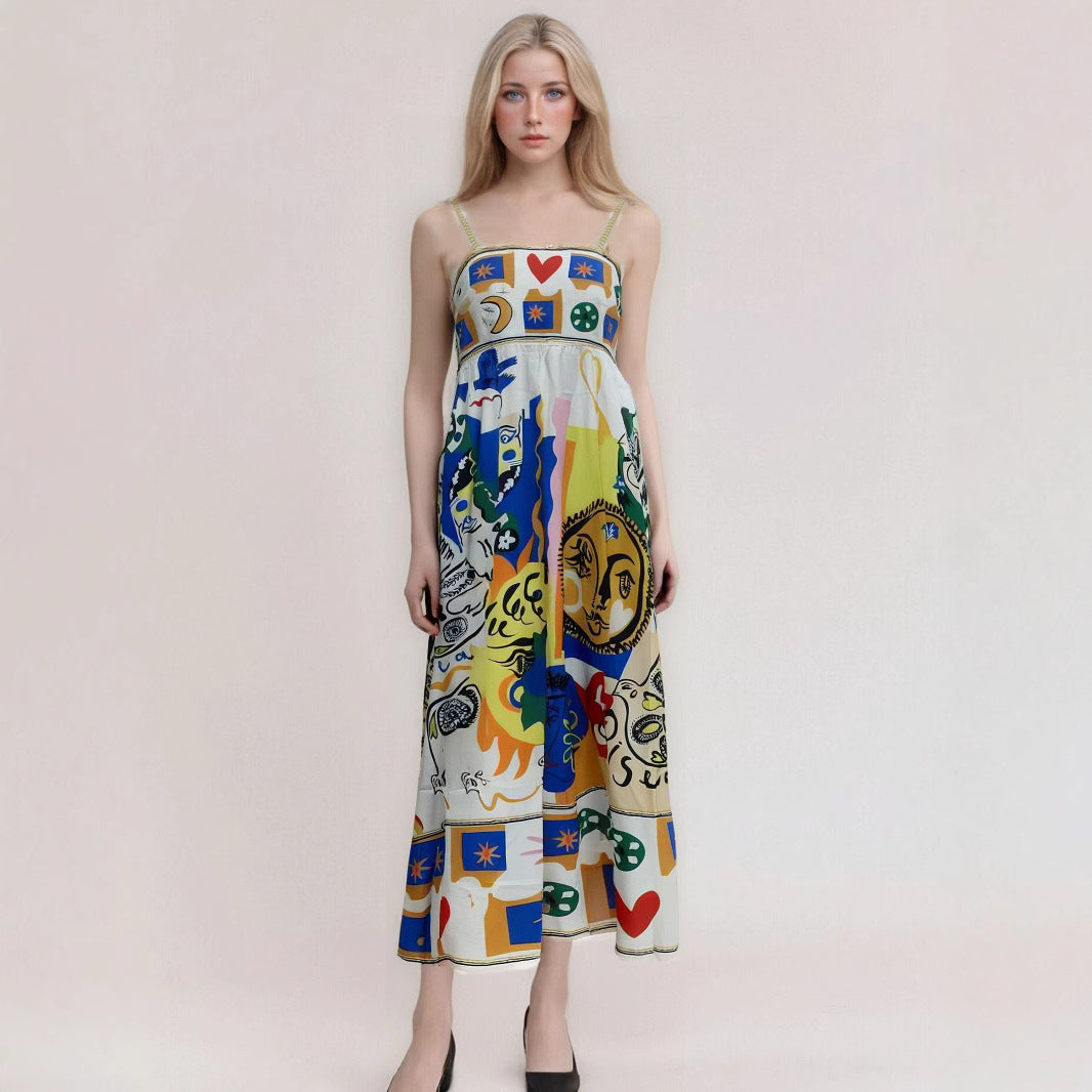 Women's strapless high-waist flowy maxi dress with abstract print, vacation-ready boho style